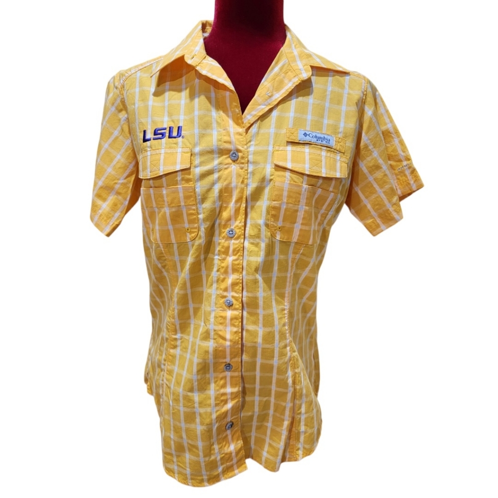 Columbia LSU button-down plaid fishing shirt